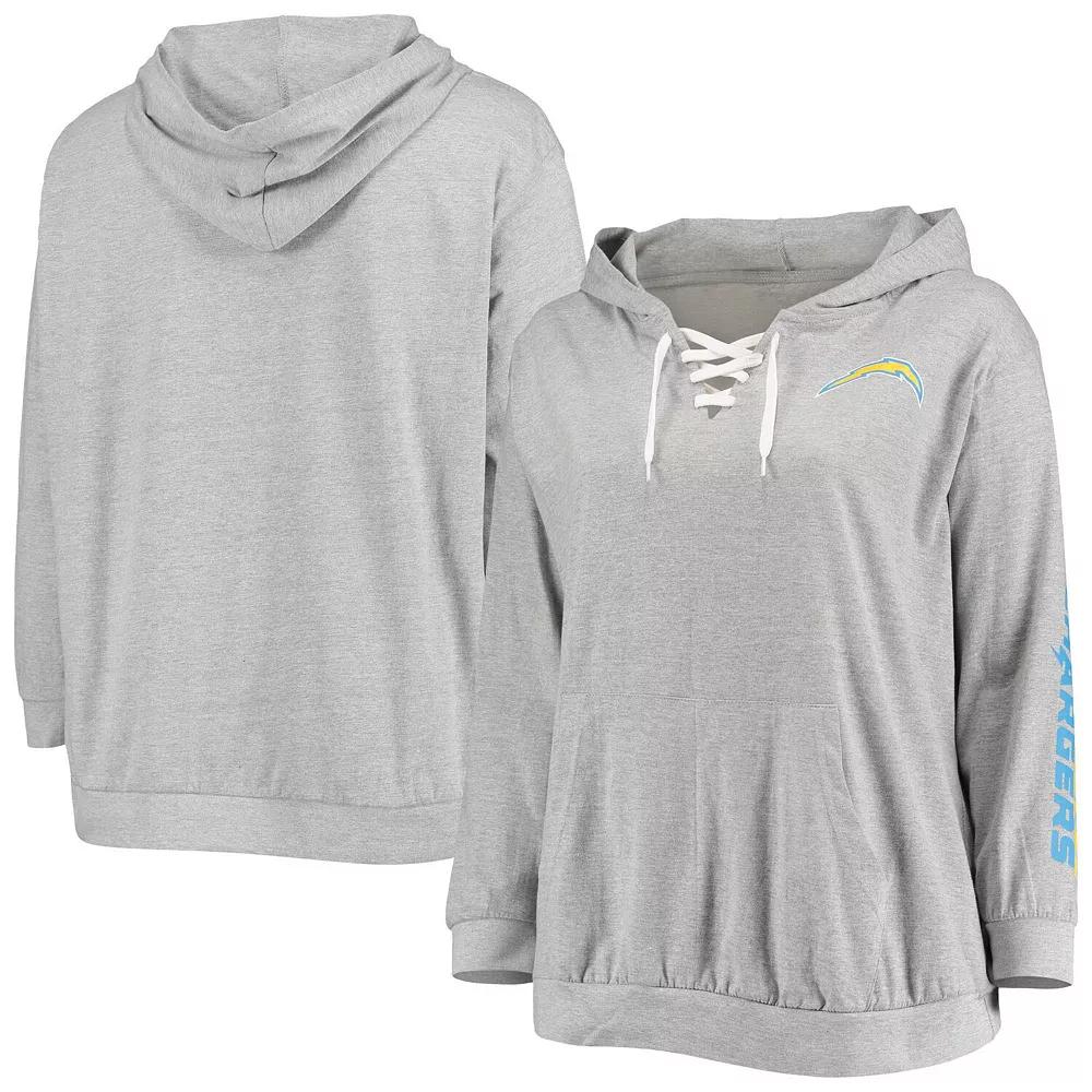 Women's Fanatics Branded Heathered Gray Los Angeles Chargers Plus Size Lace-Up Pullover Hoodie, Size: 4XL, Grey Product Image