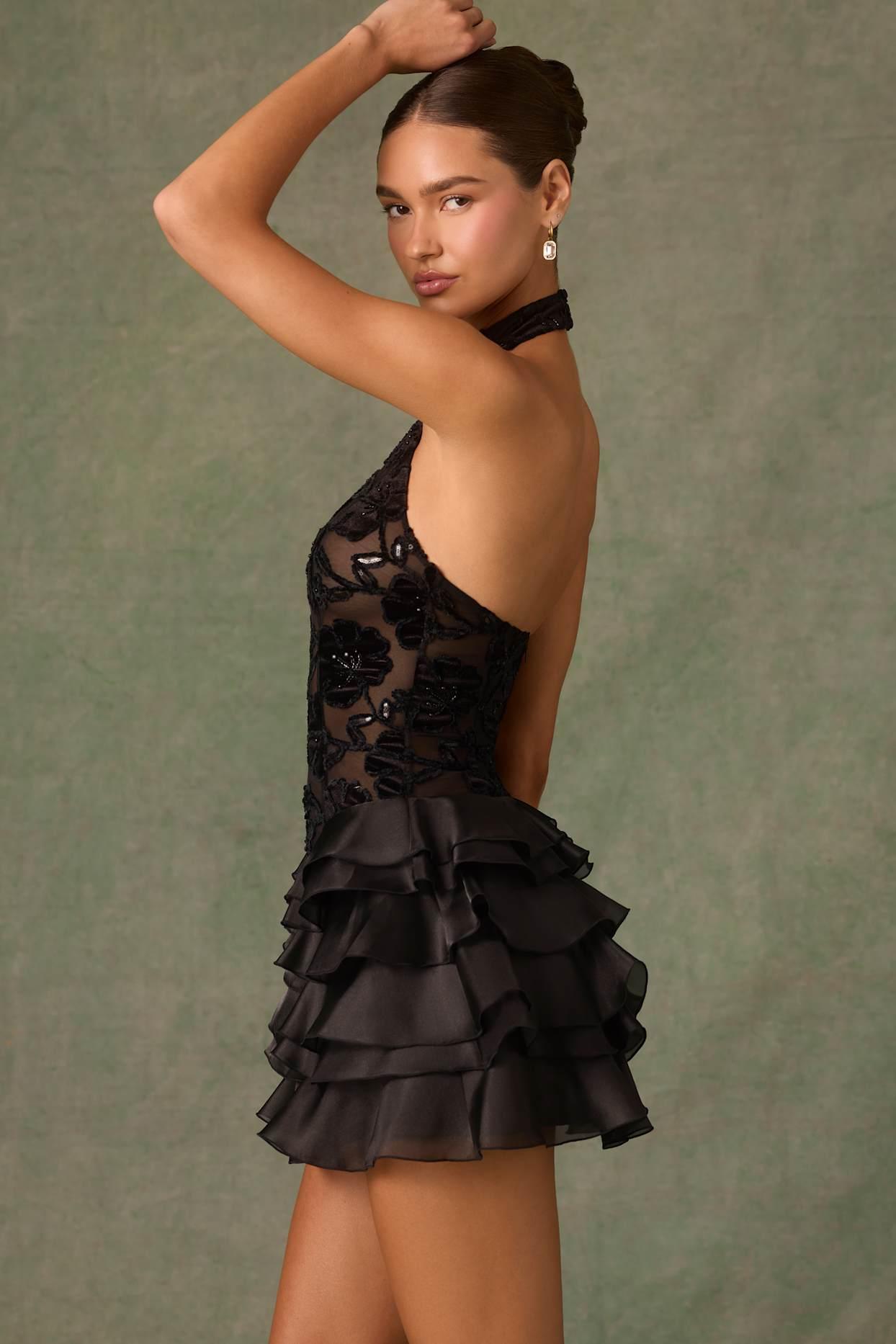Embellished Ruffled Halterneck Mini Dress in Black Product Image