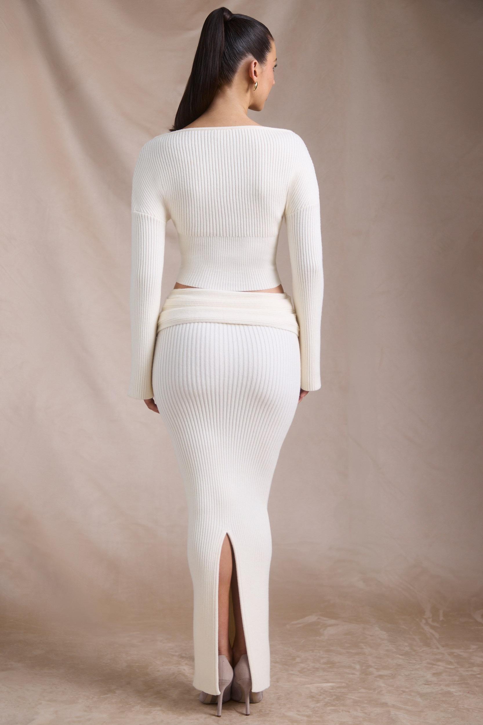 Ribbed-Knit Foldover Maxi Skirt in Ivory Product Image