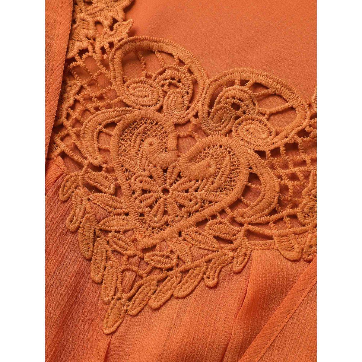 Plus Size Orange Chiffon Shirred Ruffle Trim Lace Panel Blouse Women Elegant Half Sleeve Round Neck Everyday Blouses BloomChic 18-20/2X Product Image