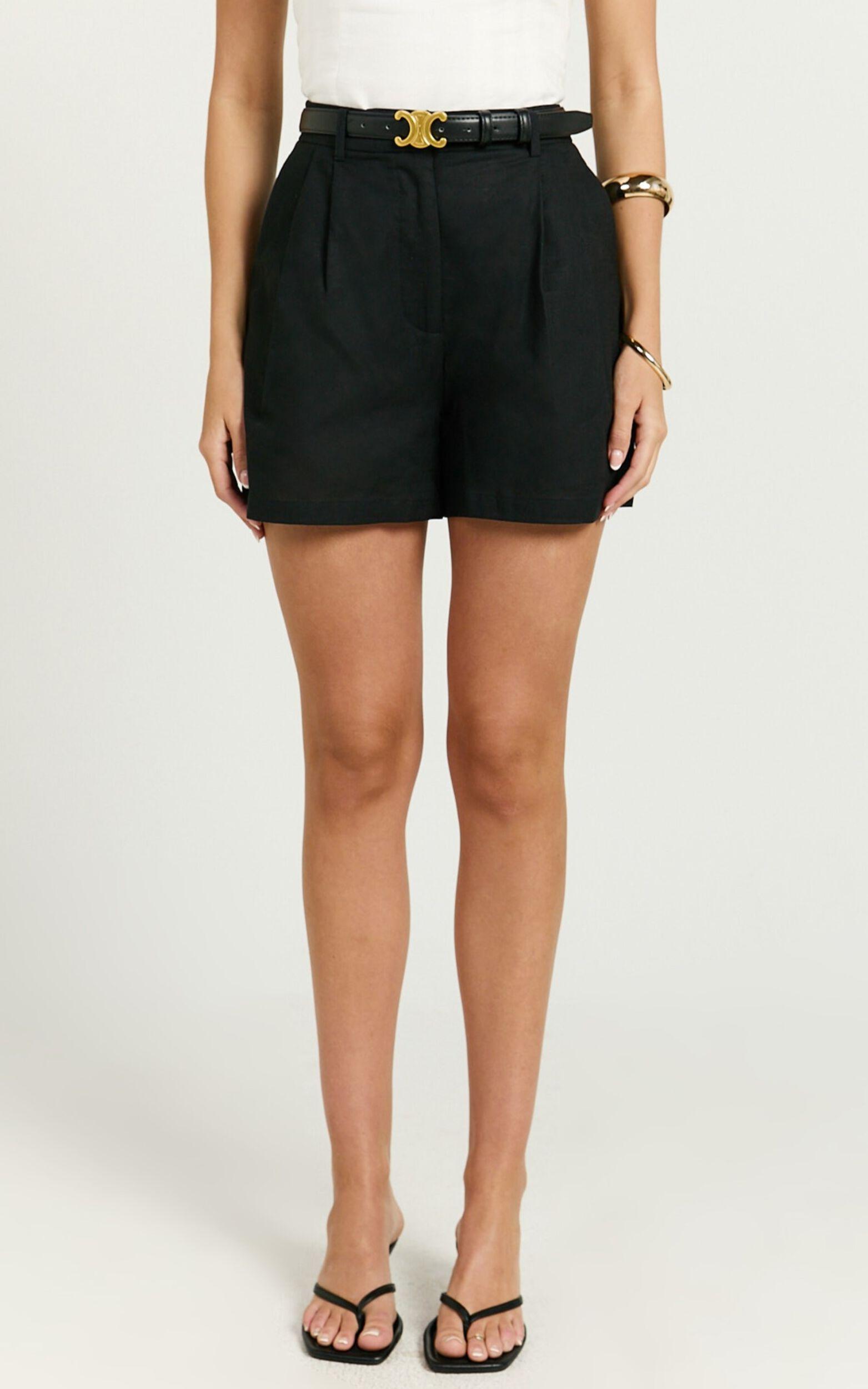 Ali Linen Blend Shorts - High Waisted Cuffed Shorts in Black Product Image