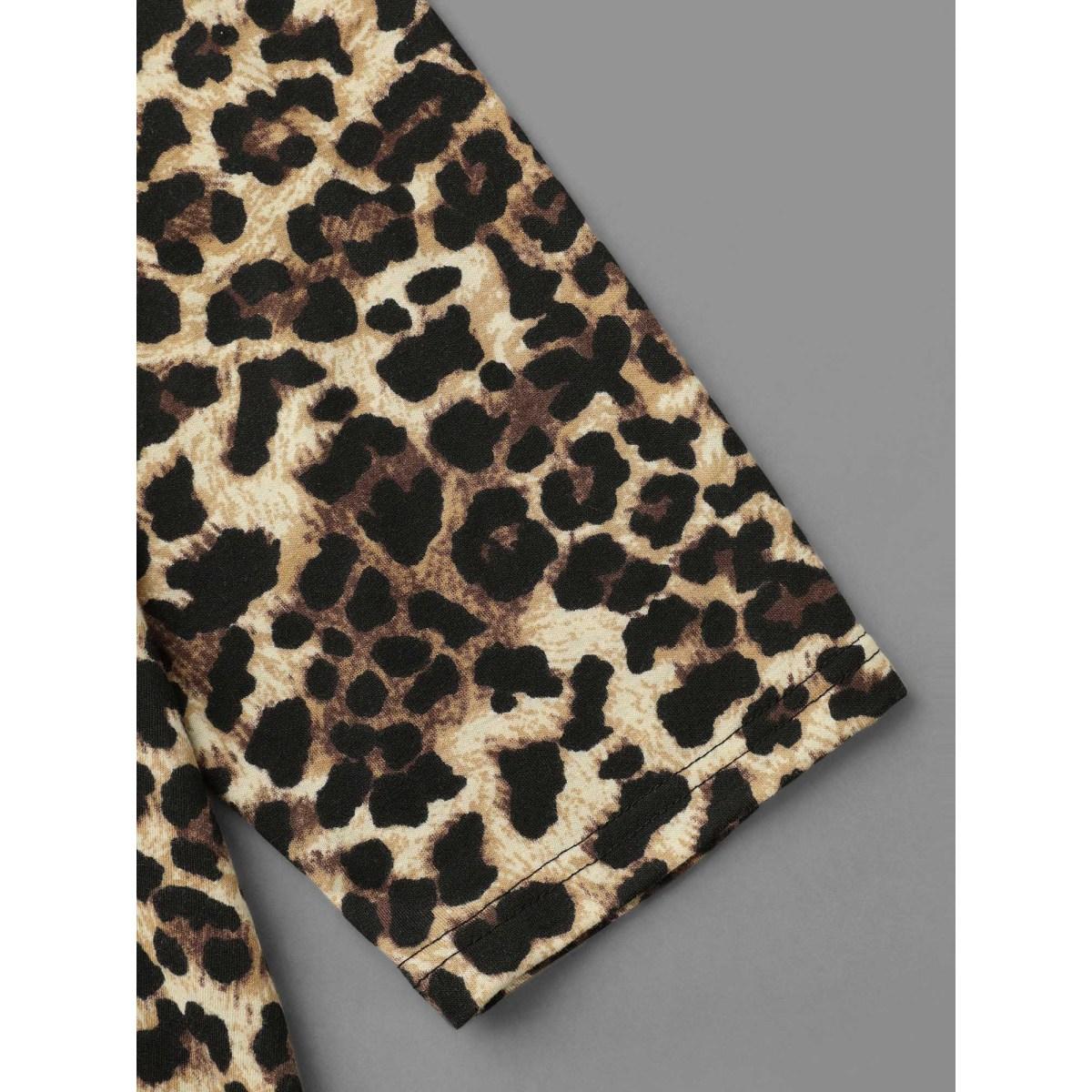 Plus Size Leopard Print Half Zipper Arc Hem T-shirt Leopard Women Casual Non Round Neck Loose Everyday T-shirts BloomChic 28/5X Product Image