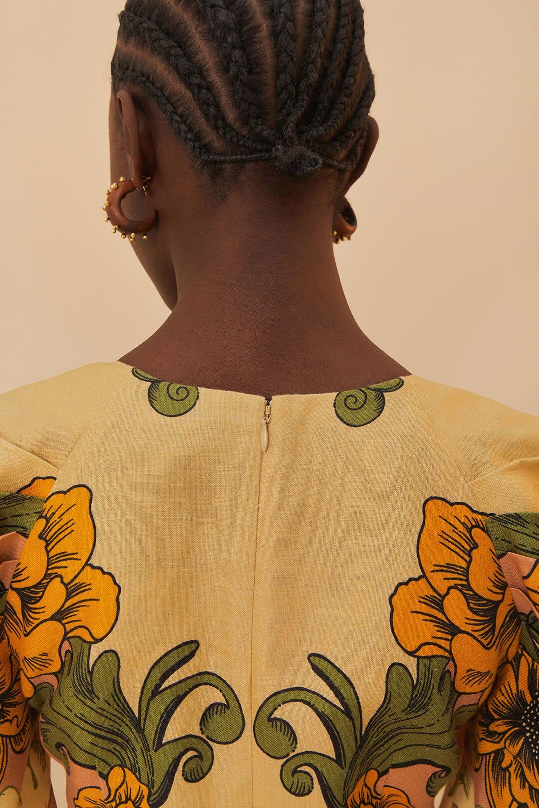 Cream Delicate Flower Arabesques Euroflax™ Premium Linen Midi Dress Product Image