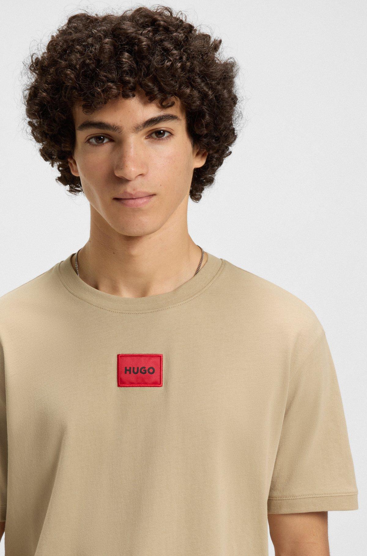 HUGO - Cotton-jersey T-shirt with logo label - Beige Product Image