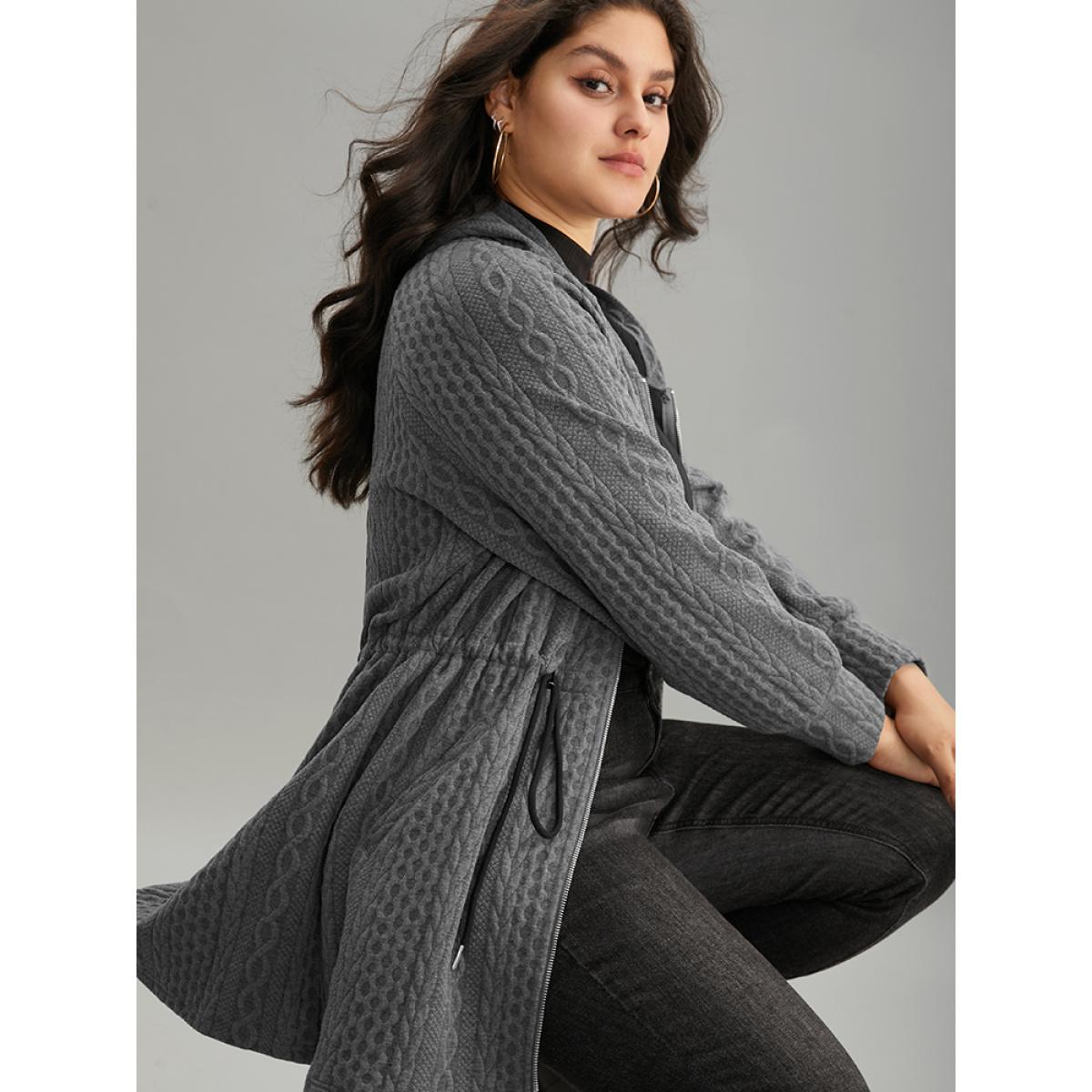 Plus Size Cable Knit Zipper Hooded Drawstring Coat Women DimGray Casual Texture Ladies Dailywear Winter Coats BloomChic 12/L Product Image