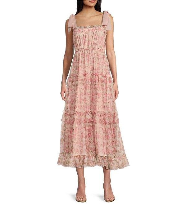 Blu Pepper Mesh Floral Print Sleeveless Tie Shoulder Tiered Midi Dress Product Image