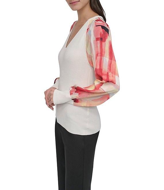 DKNY By Donna Karan Printed Mixed Media V-Neck Long Sleeve Knit Top Product Image