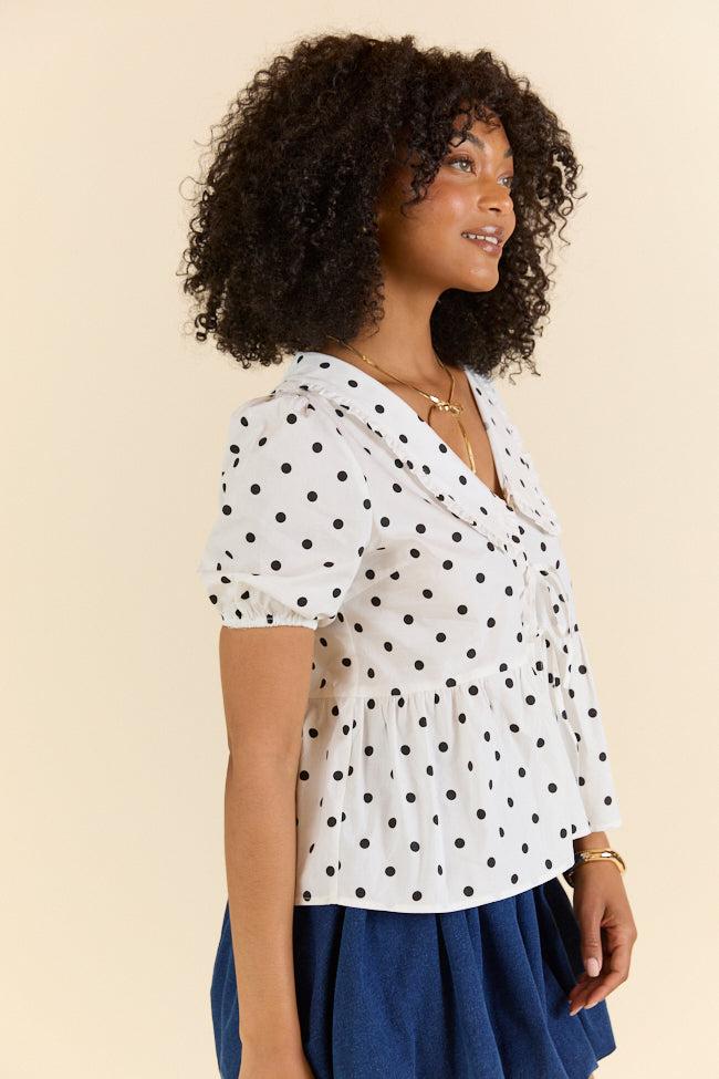 Not A Fantasy Ivory and Black Peter Pan Collar Polka Dot Blouse SALE Product Image