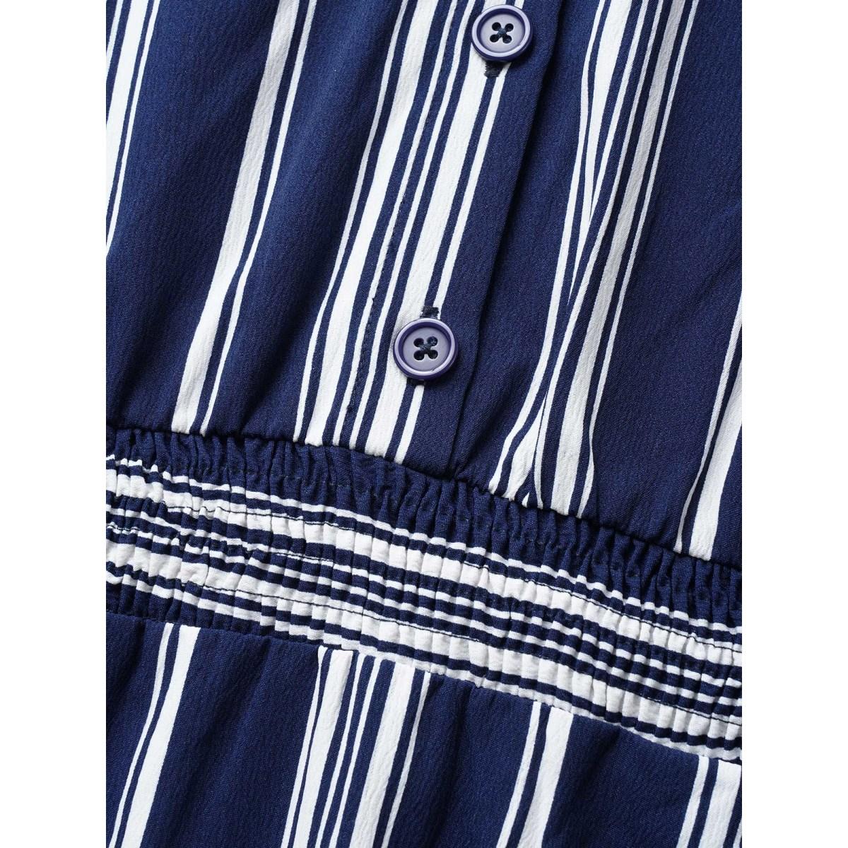 Plus Size Shirt Collar Striped Ruffle Cap Sleeve Dress Navy Women At the Office Shirt collar Cap Sleeve Curvy BloomChic 30/6X Product Image