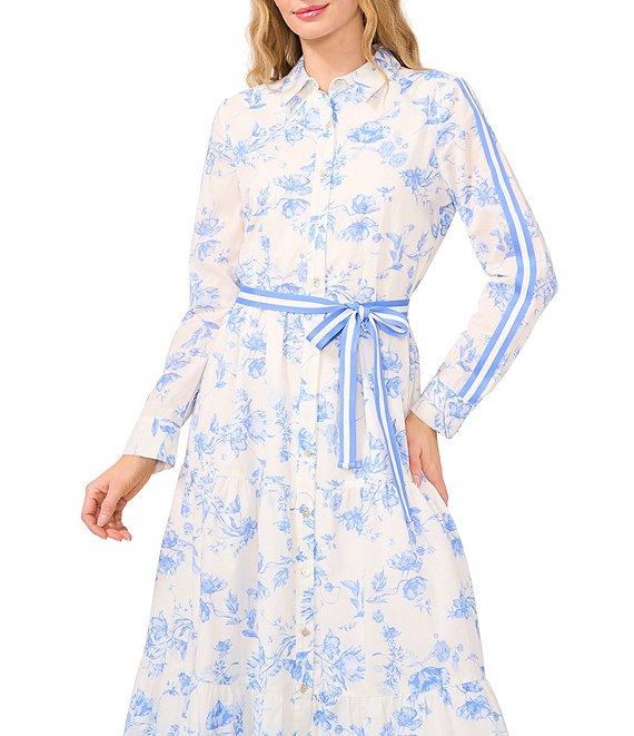 CeCe Floral Print Point Collar Long Sleeve Novelty Trim Belted Maxi Shirt Dress Product Image