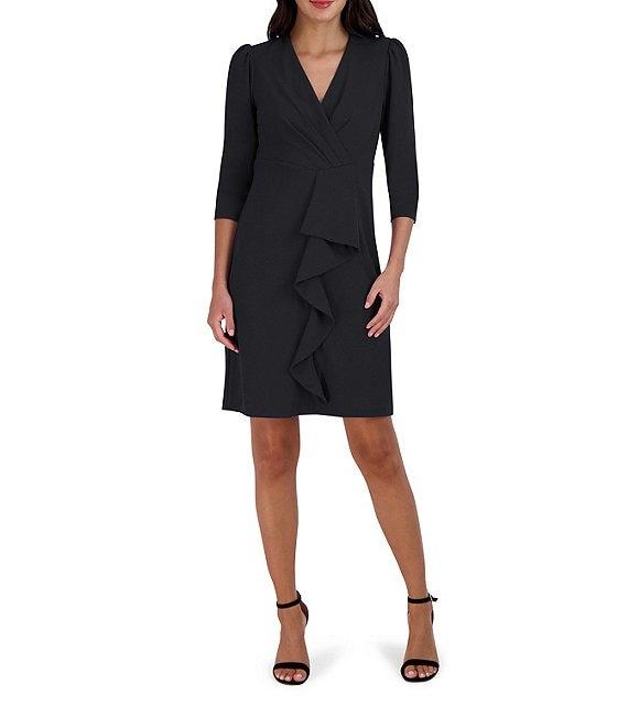 Julia Jordan Pleated Surplice V-Neck 3/4 Sleeve Ruffled Front Dress Product Image
