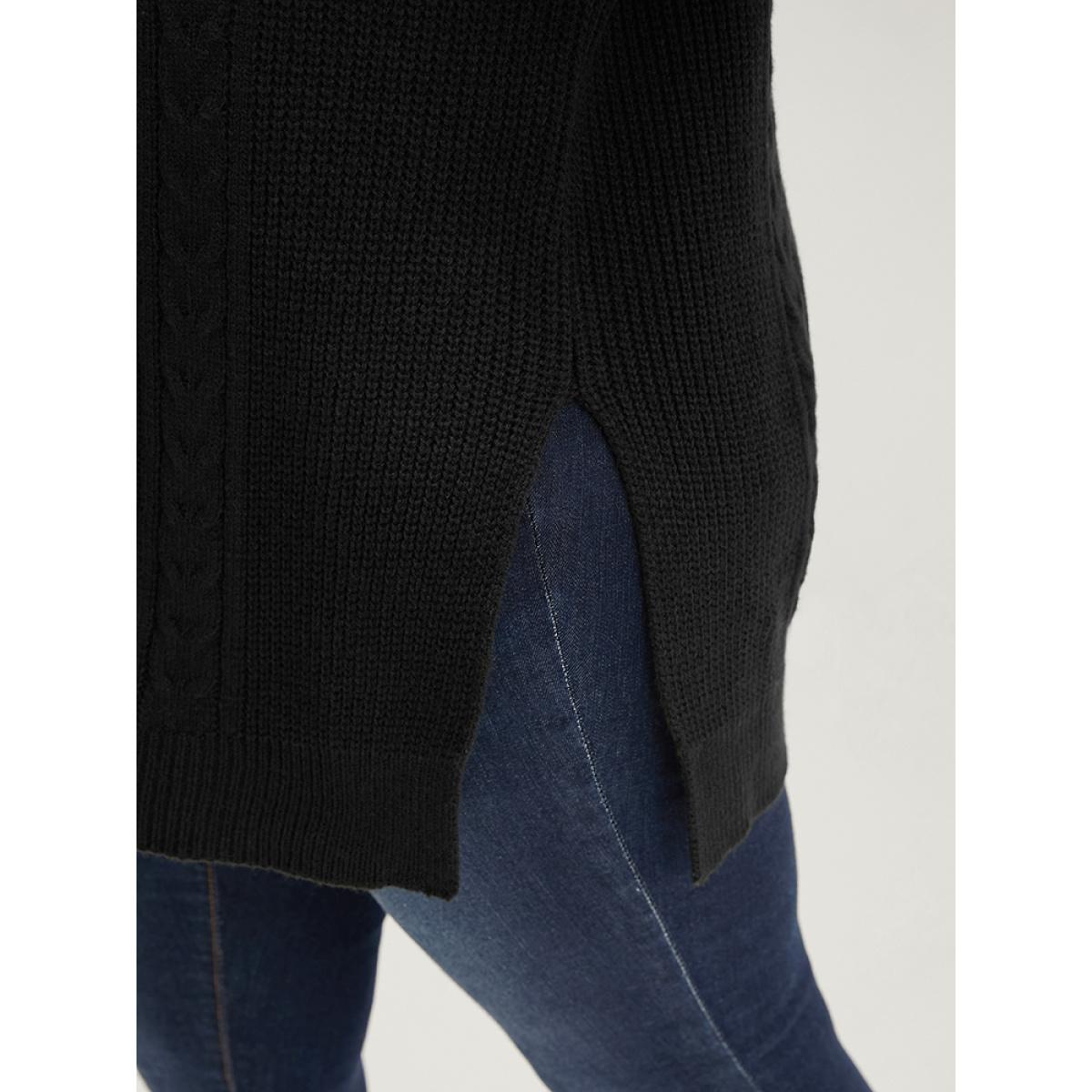 Plus Size Solid Pointelle Knit Lantern Sleeve Cut Out Split Knit Top Black Women Casual Loose Long Sleeve V-neck Dailywear Pullovers BloomChic 12/L Product Image