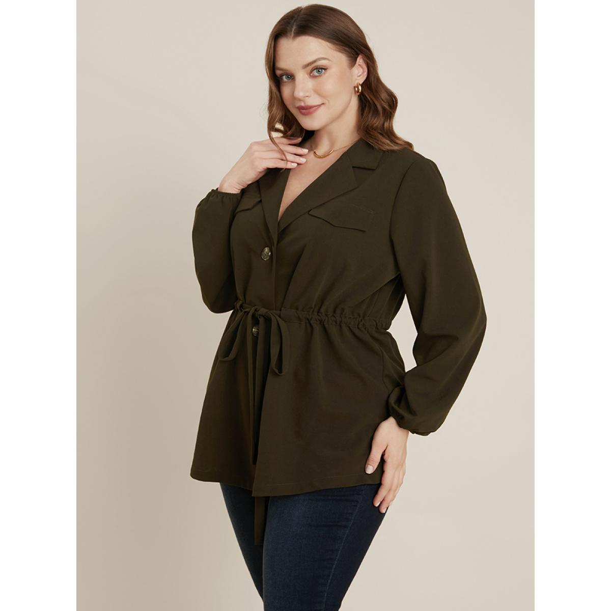 Plus Size ArmyGreen Solid Suit Collar Lantern Sleeve Button Up Drawstring Blouse Women Office Long Sleeve Suit Collar Office Blouses BloomChic 30/6X Product Image