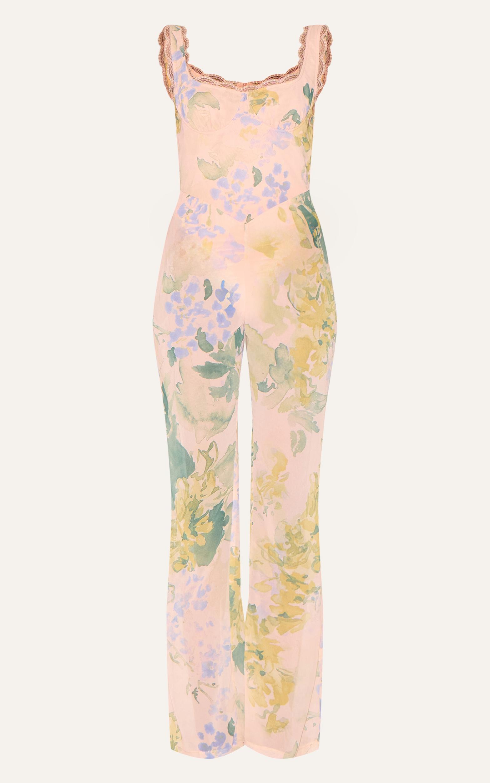 Pink Floral Printed Chiffon Corset Detail Flared Jumpsuit Product Image