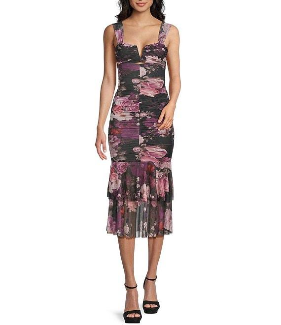 Honey and Rosie Floral Printed Mesh V-Notch Neck Ruffle Hem Midi Dress Product Image