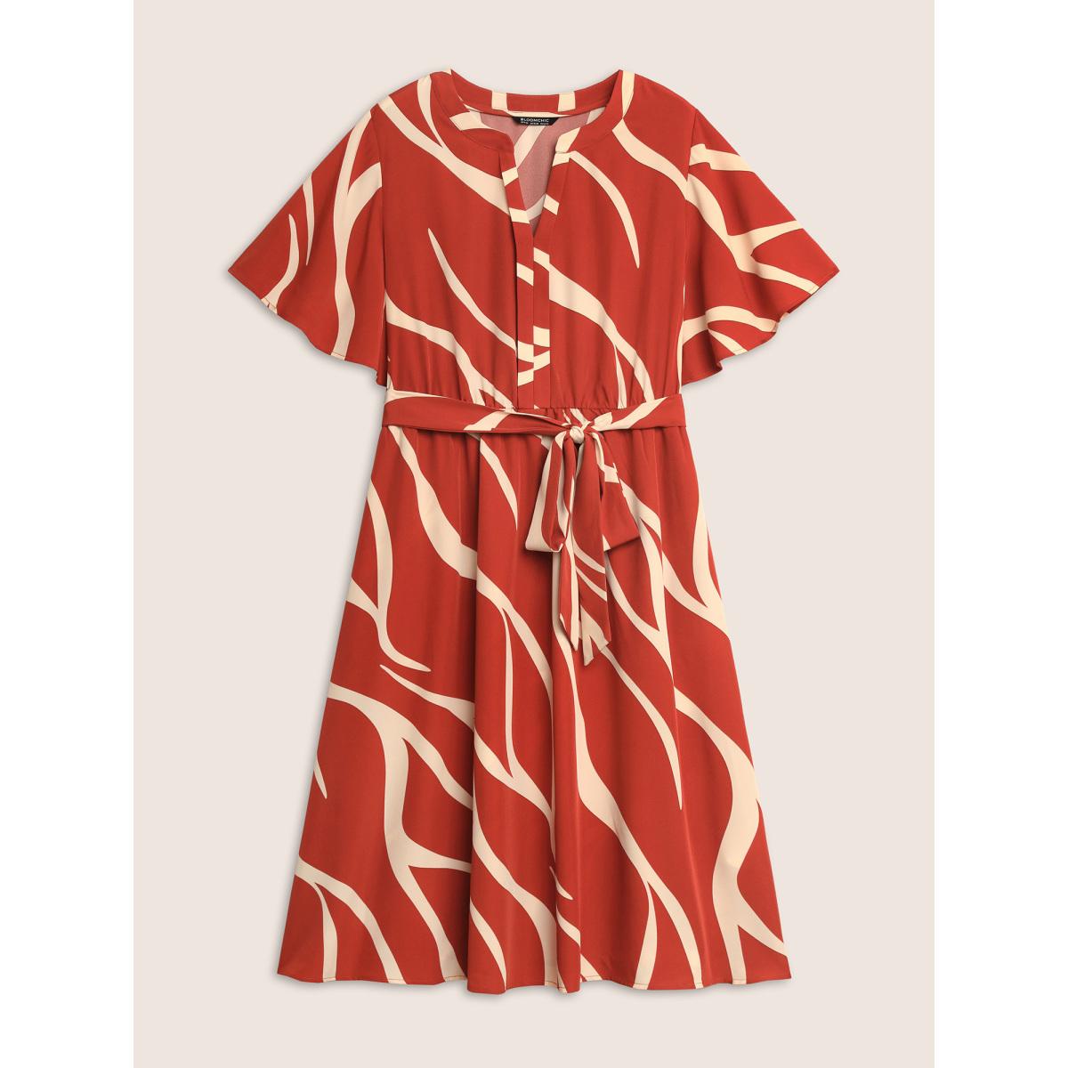 Plus Size Geometric Surplice Neck Tie Knot Midi Dress Rust Women Office Belted Flat collar with V-notch Short sleeve Curvy BloomChic 14-16/1X Product Image