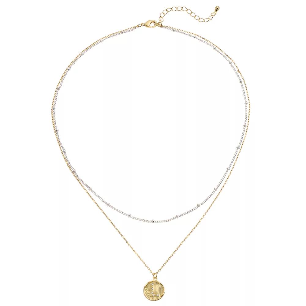 City Luxe Two Tone Layered Initial Disc Necklace with Cubic Zirconia, Women's, Size: 18", Two Tone S Product Image