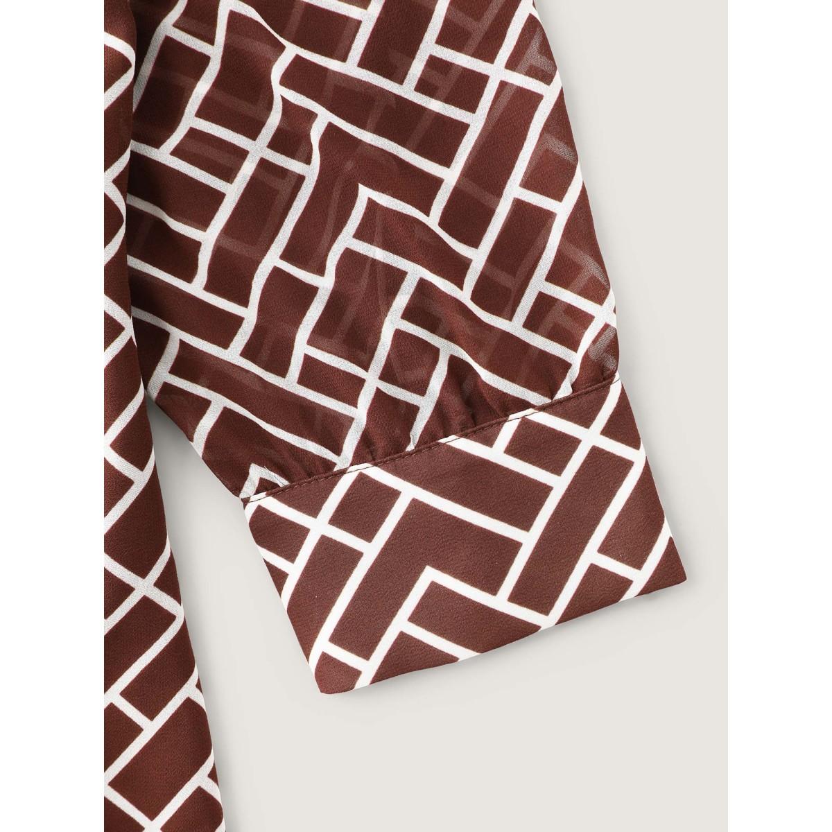 Plus Size Browncoffeecolor Geometric Print Cut Out Neck Blouse Women Office Extra Long Sleeve Mock Neck Office Blouses BloomChic 30/6X Product Image