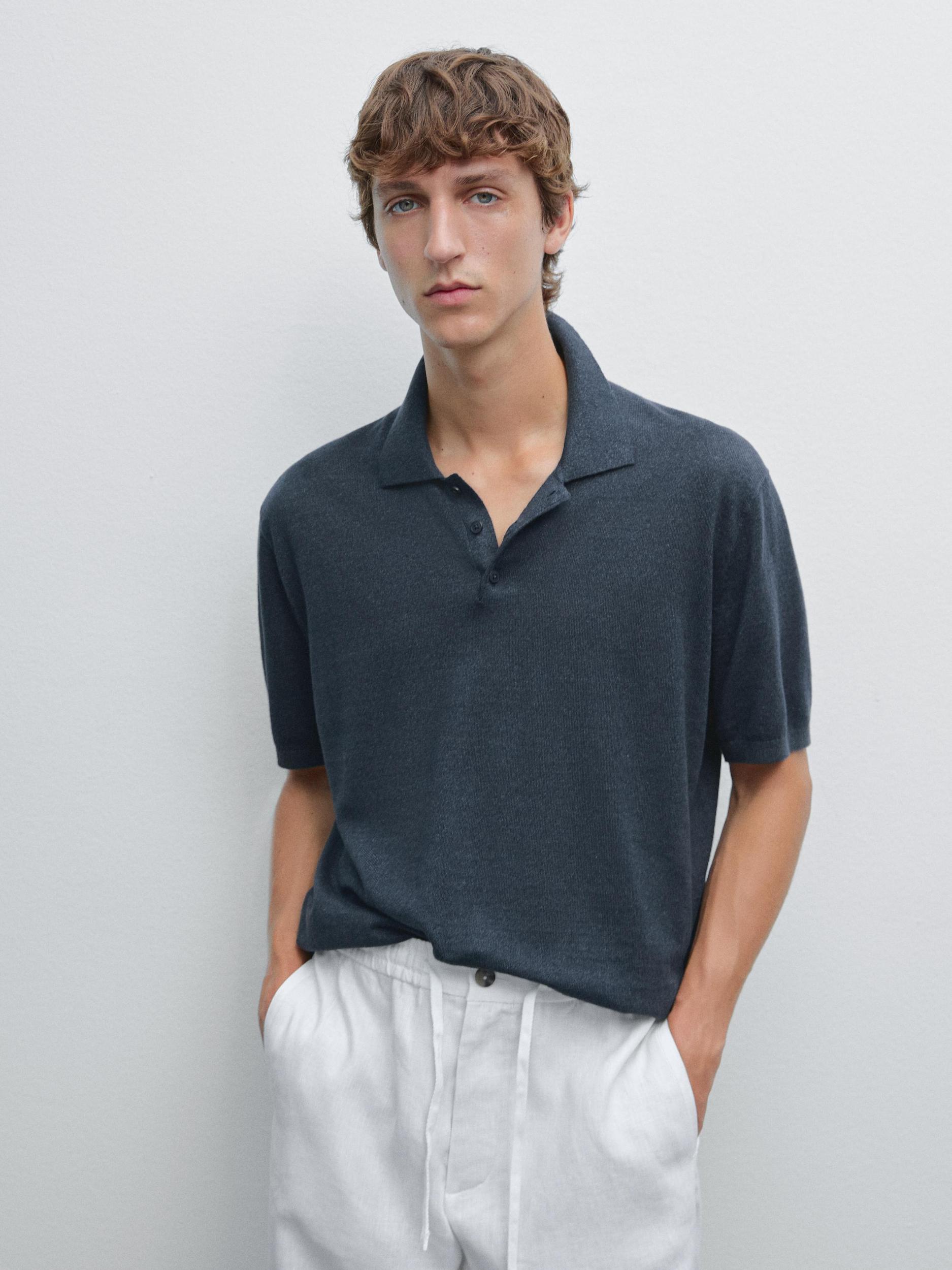 Linen blend knit polo shirt Product Image