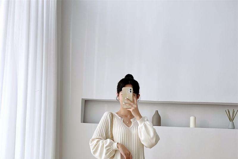 Maternity Long-Sleeve Notch Neck Plain Midi A-Line Knit Dress Product Image