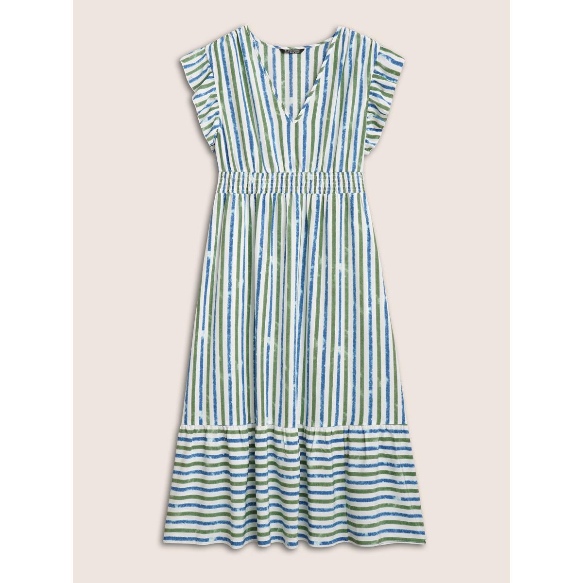 Plus Size Striped Ruffle Cap Sleeve Shirred Dress Mediumblue Women Resort Shirred V-neck Cap Sleeve Curvy BloomChic 18-20/2X Product Image