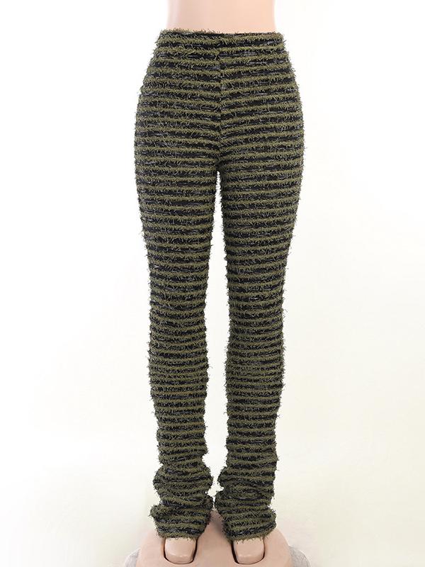 High Waisted Skinny Leg Split-Joint Striped Pants Trousers Product Image