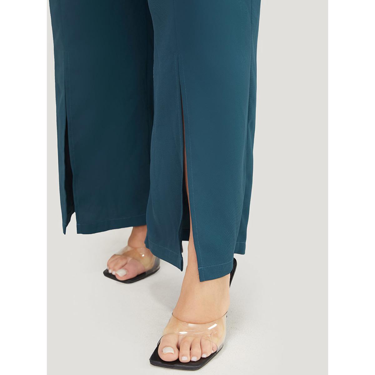 Plus Size Split Hem Elastic Waist Pocket Pants Women Cyan Office Mid Rise Office Pants BloomChic 28/5X Product Image