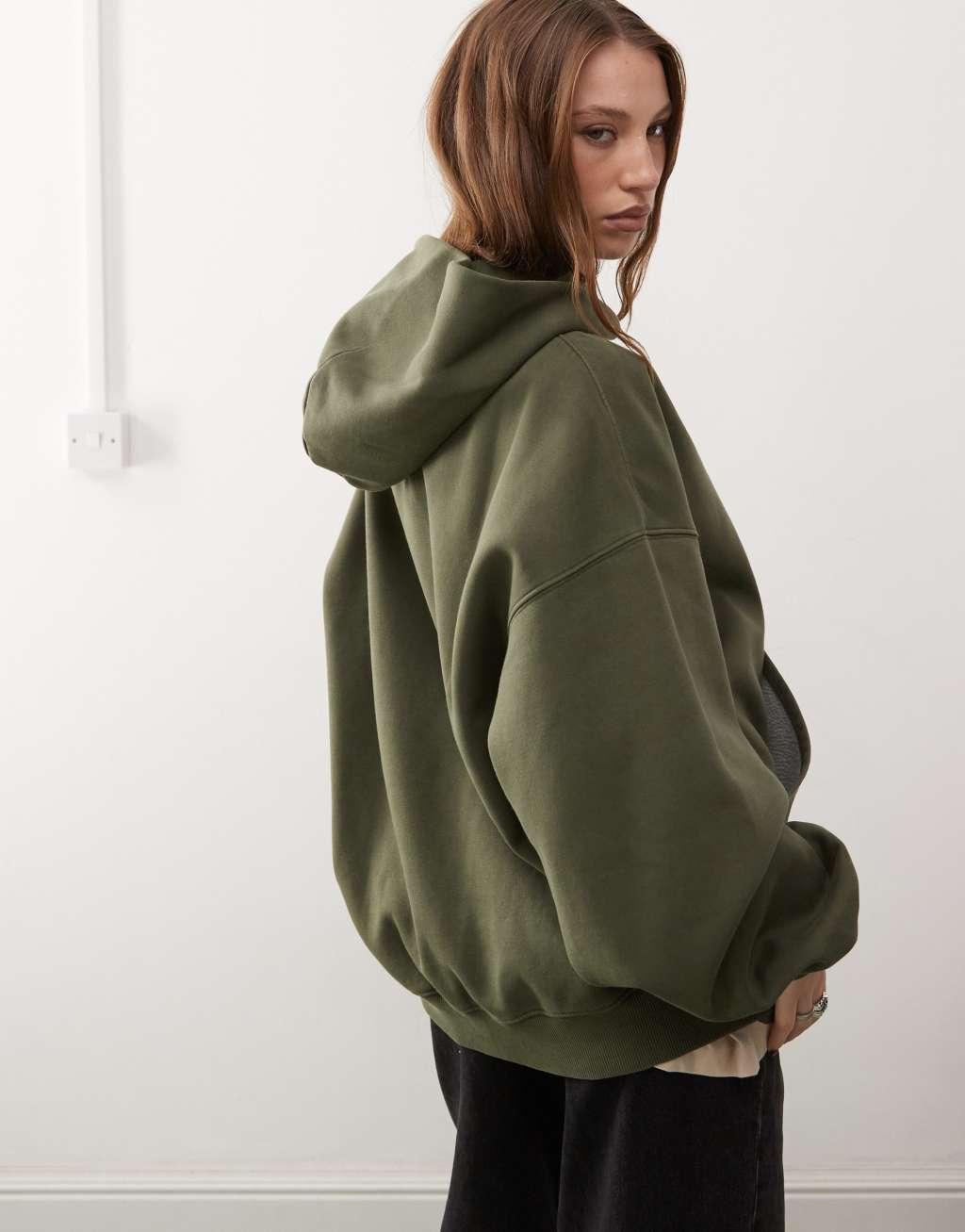 Weekday Tony oversized heavyweight jersey hoodie in olive Product Image