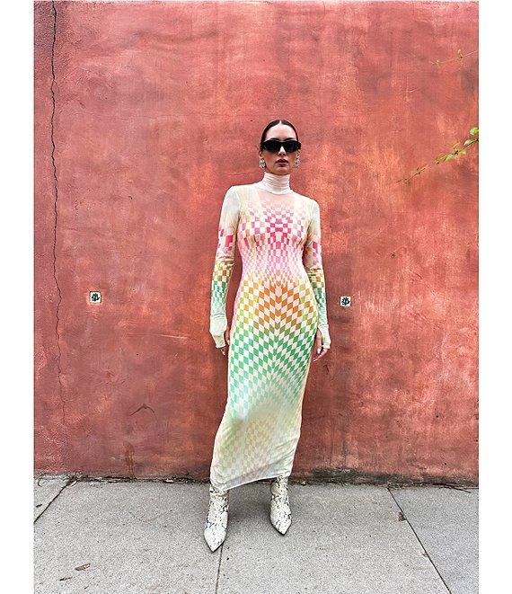 AFRM Shailene Mesh Geometric Print Turtleneck Long Sleeve Midi Dress Product Image