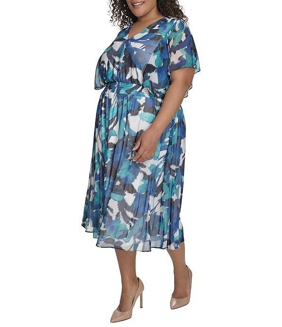 DKNY by Donna Karan Plus Size Short Sleeve Printed Blouson Midi Dress Product Image