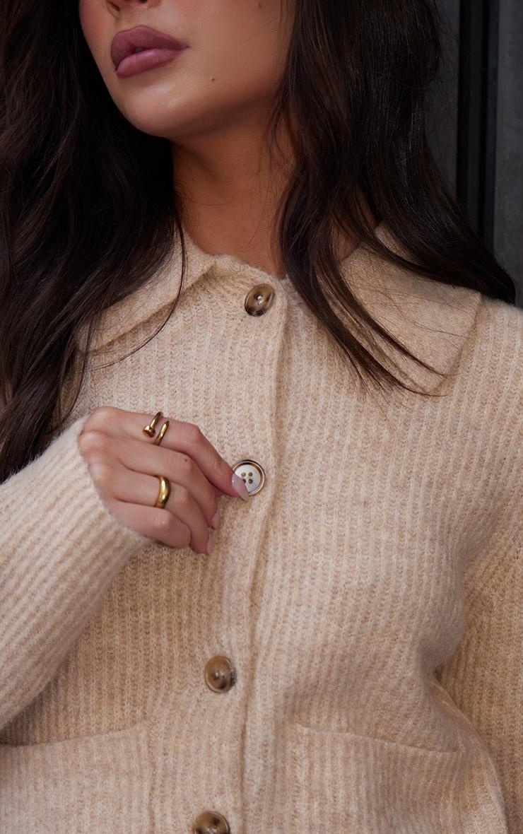 Beige Soft Textured Knit Button Up Collar Detail Cardigan Product Image