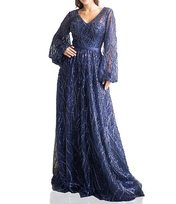 Terani Couture Beaded Tulle V-Neck Long Balloon Sleeve A-Line Gown Product Image