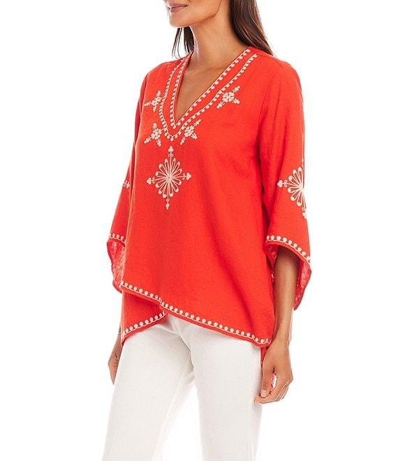 Karen Kane Embroidered V-Neck 3/4 Flare Sleeve Asymmetrical Top Product Image