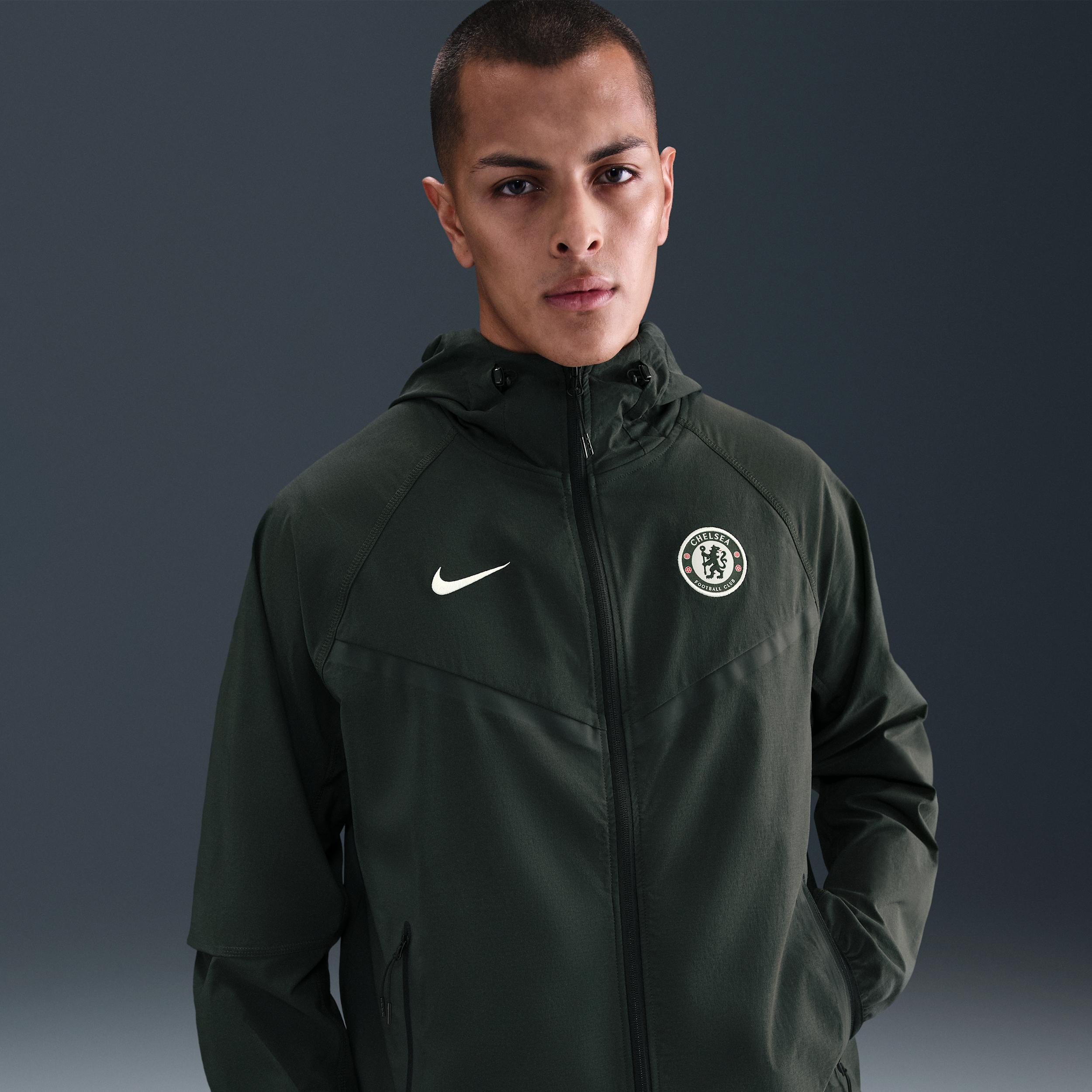 Chelsea FC Tech Windrunner Nike Mens Soccer Woven Full-Zip Jacket | IB0191-346 Product Image