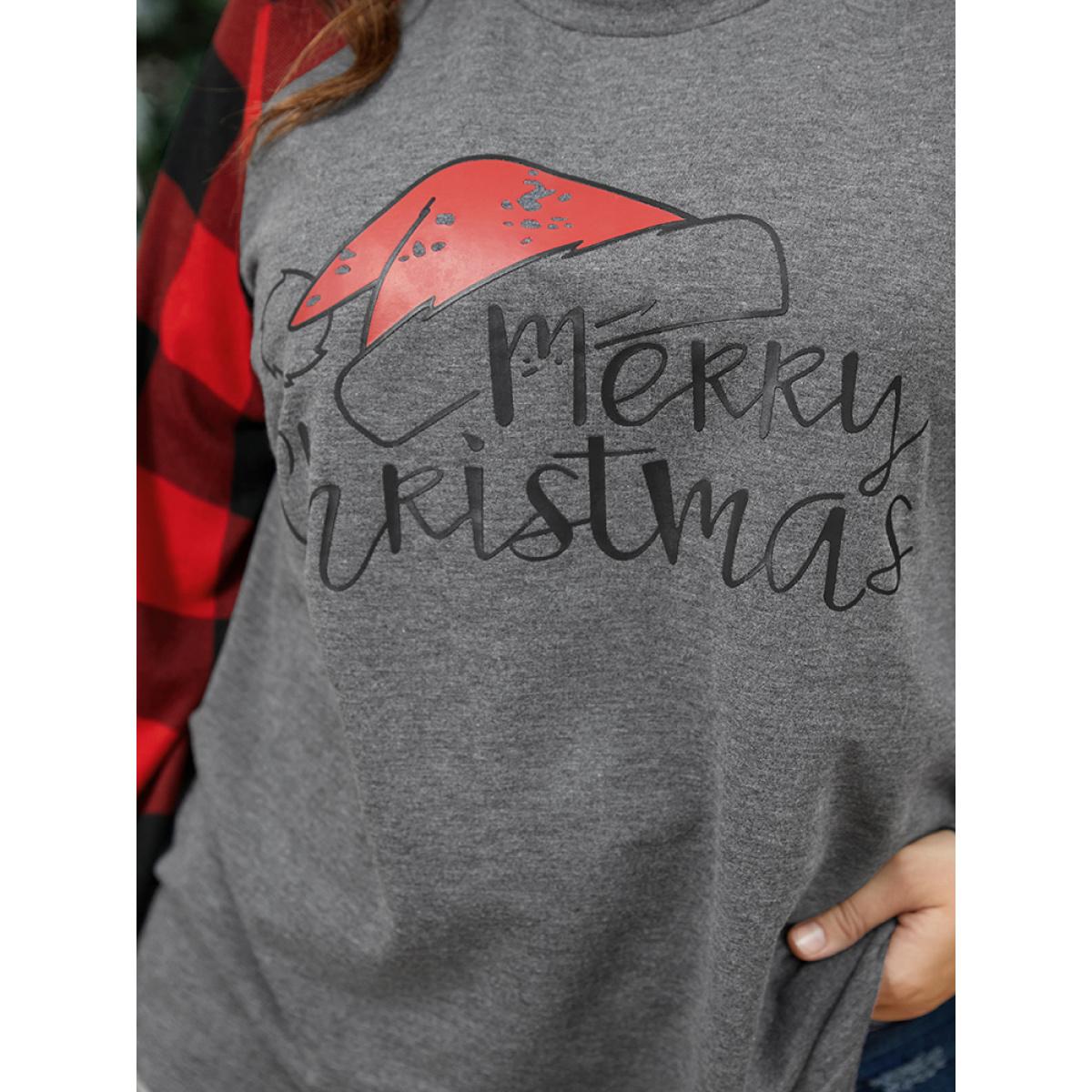 Plus Size Letter Print Round Neck Plaid Long Tee Gray Women Elegant Printed Graphic-Christmas Dailywear T-shirts BloomChic 22-24/3X Product Image