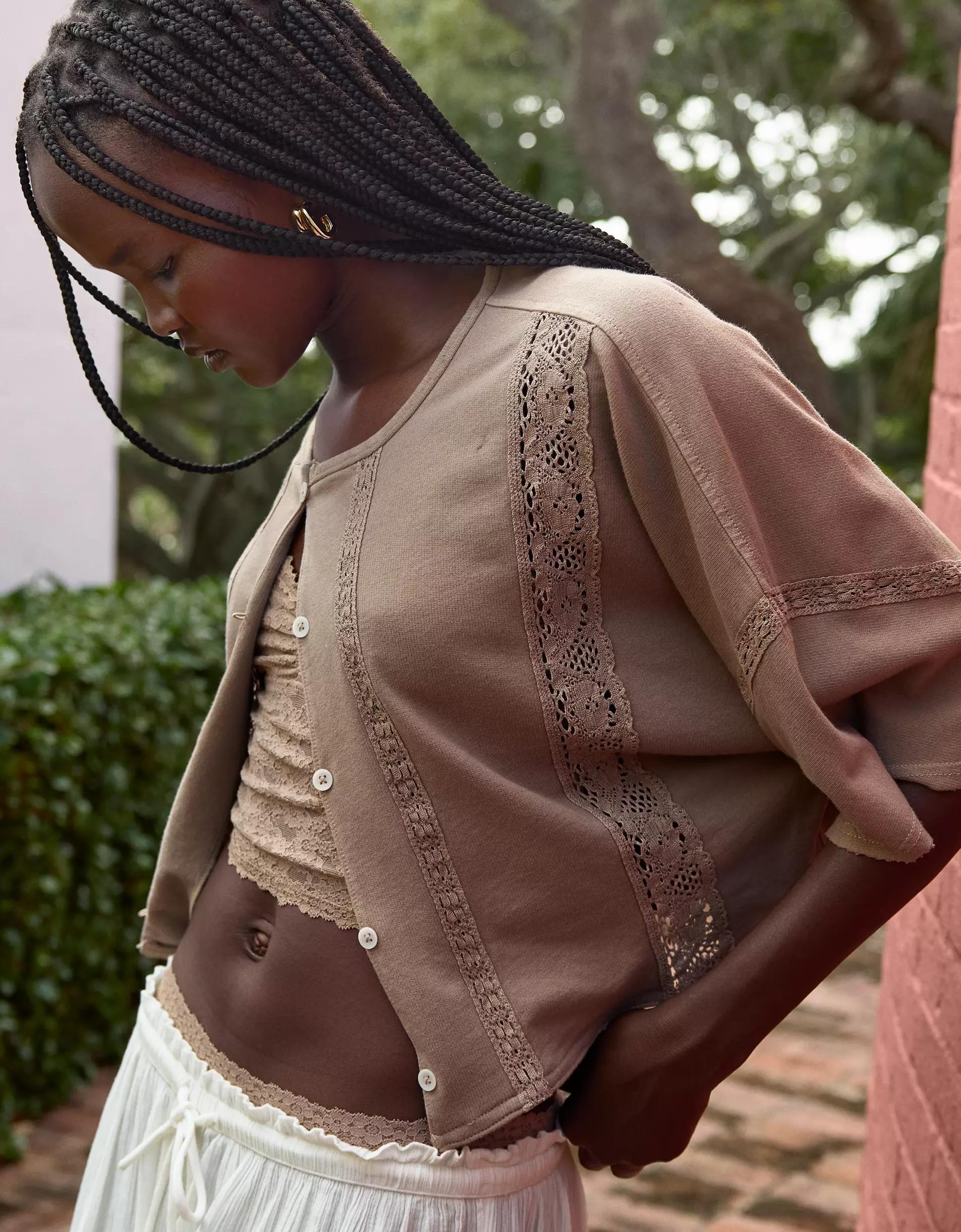 Aerie Short Sleeve Crochet Cardigan Product Image