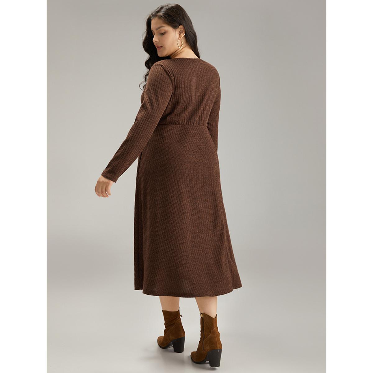 Plus Size Rib Knit Button Detail Gathered Dress DarkBrown Women Casual Texture Round Neck Long Sleeve Curvy Midi Dress BloomChic 12/L Product Image
