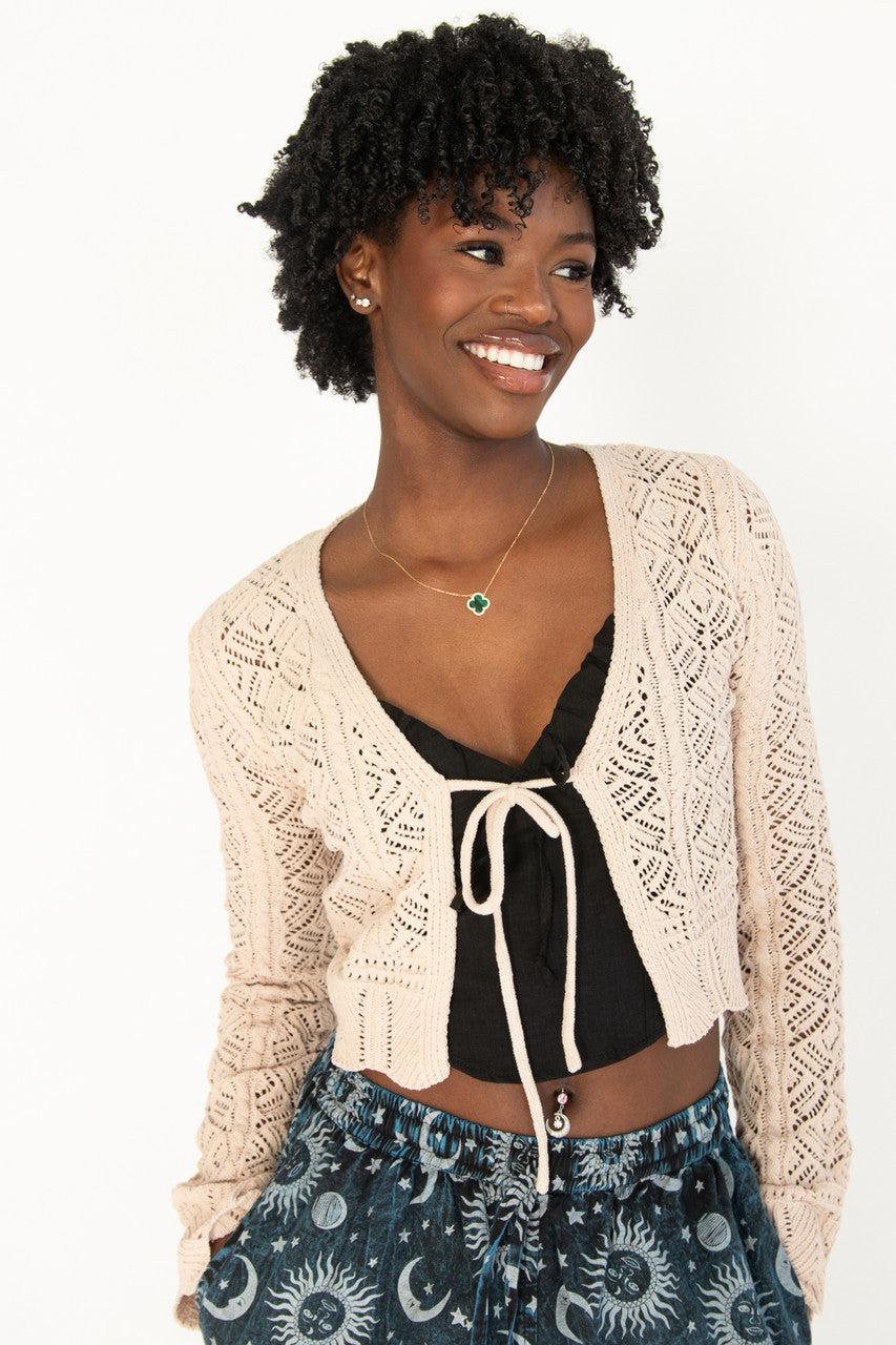 Chenille Pointelle Tie Front Cardigan Product Image