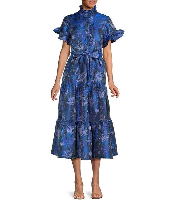 Abbey Glass Floral Print Sadie Ruffle Stand Collar Short Sleeve Tie Waist Tiered Pocketed Midi Dress Product Image