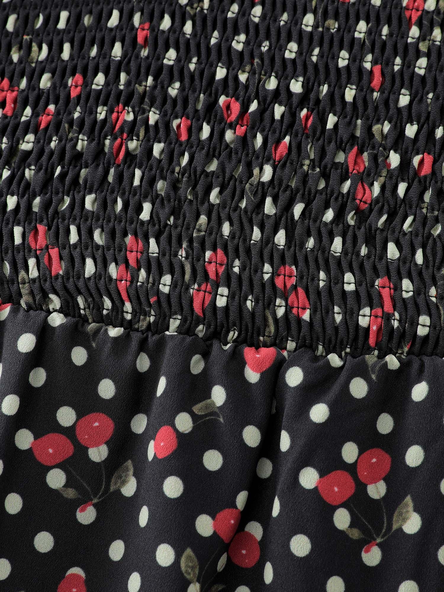 Polka Dots Cherry Shirred Bodice Knee Dress Female Product Image