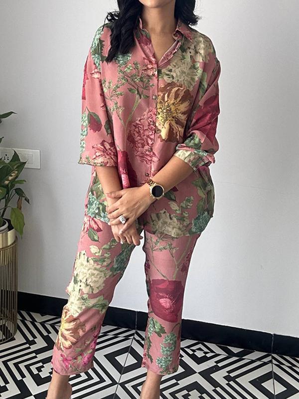 Long Sleeves Buttoned Flower Print Lapel Shirts Top + Ninth Pants Pants Bottom Two Pieces Set Product Image
