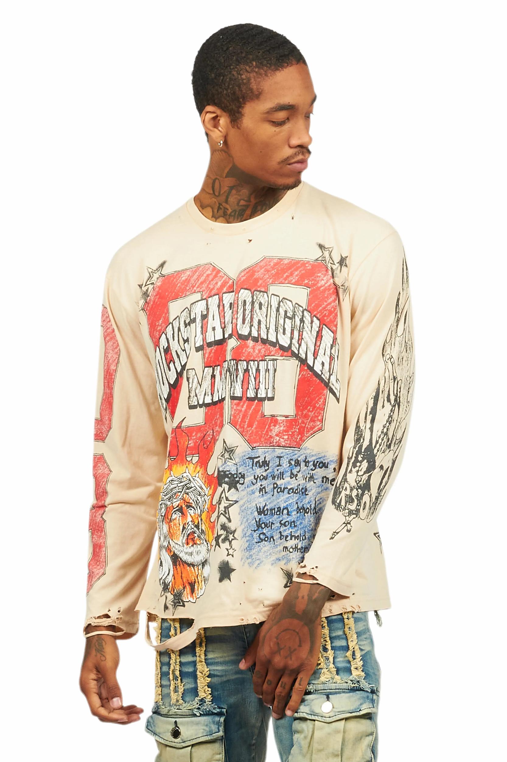 Jesus Crayon Beige Long Sleeve Graphic T-Shirt Male Product Image