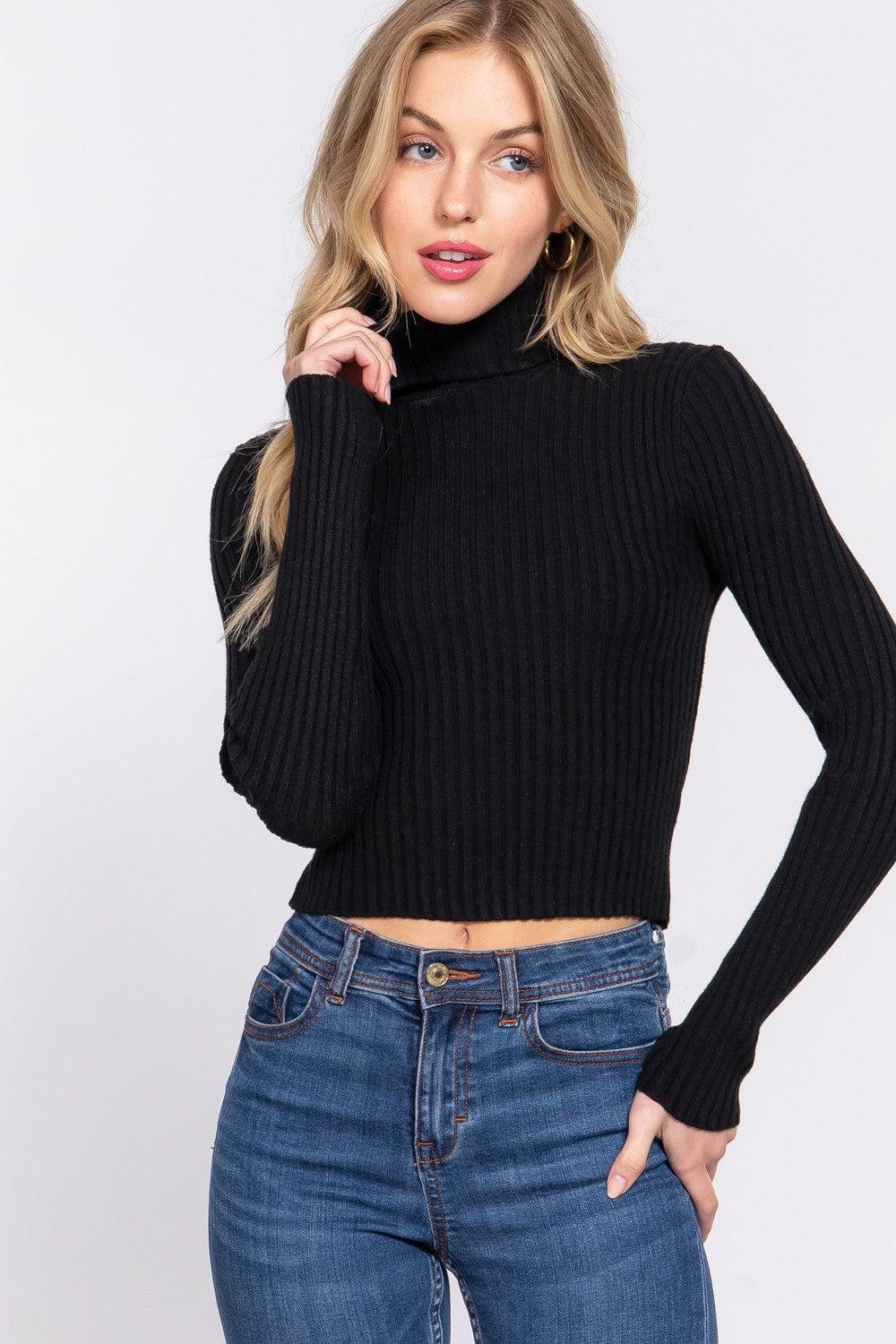 Long Sleeve Turtle Neck Fitted Crop Rib Sweater Product Image