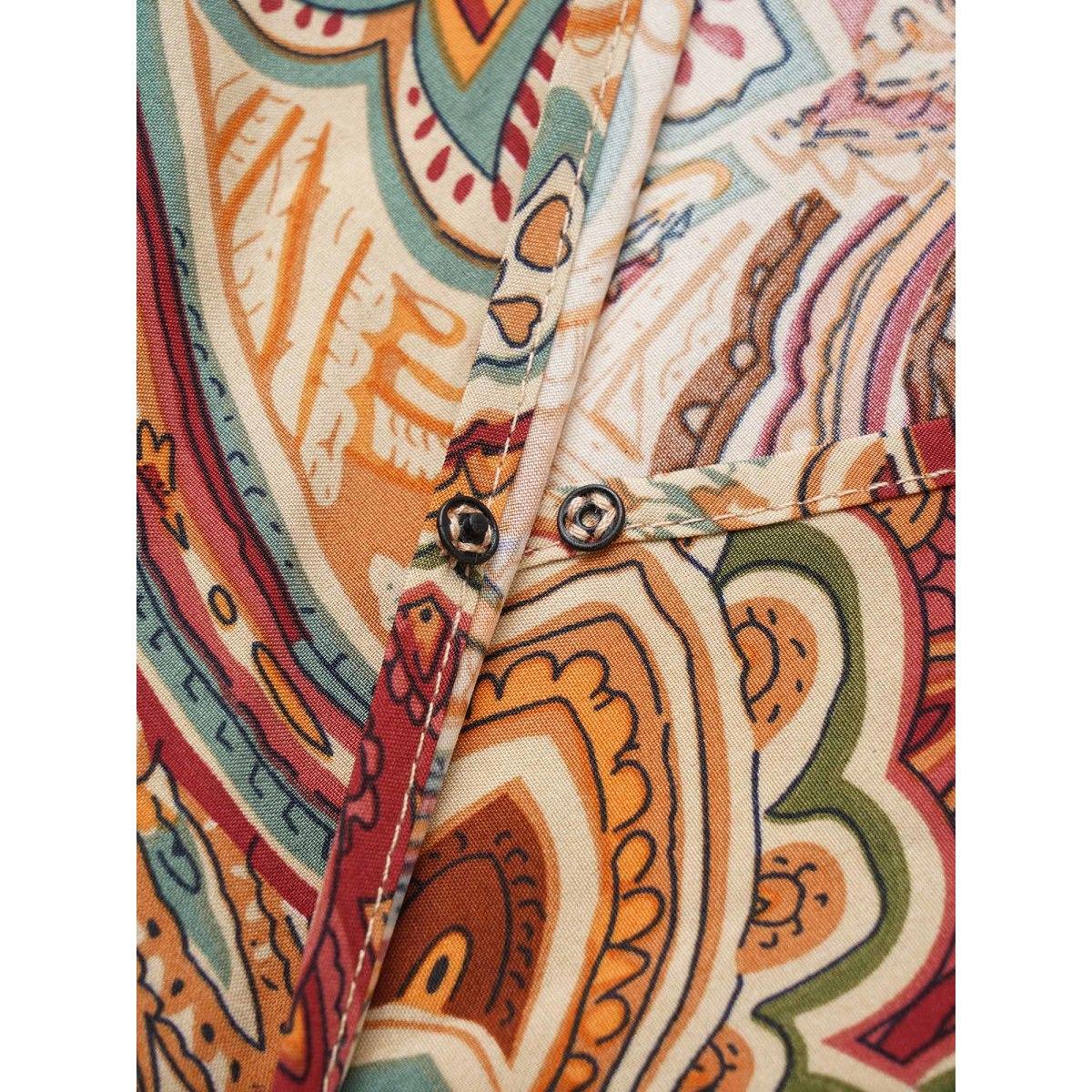 Plus Size Paisley Shirred Split Side Overlap Collar Dress Apricot Women Vacation Elastic cuffs Overlap Collar Long Sleeve Curvy Midi Dress BloomChic 14-16/1X Product Image