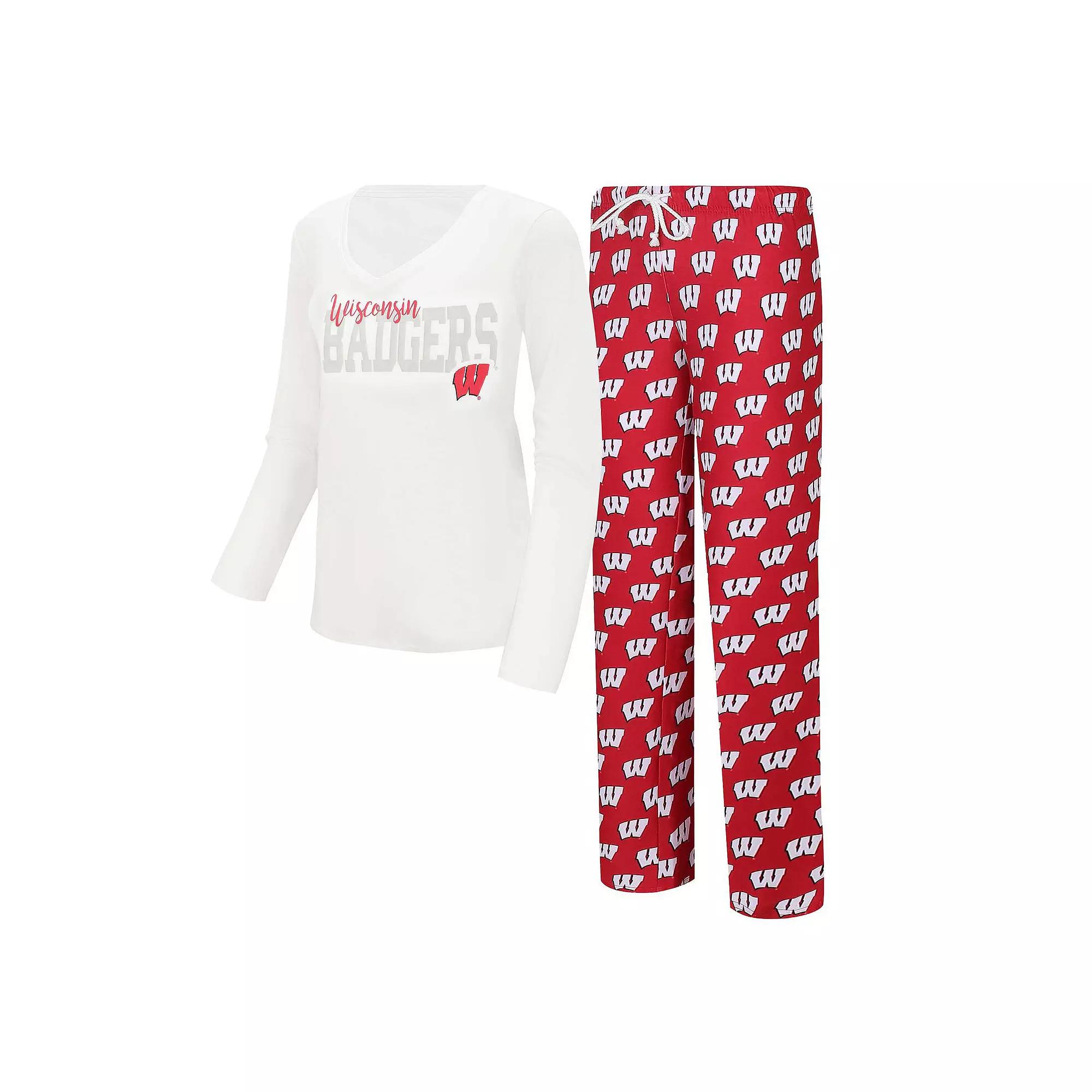Women's Concepts Sport  White/Red Wisconsin Badgers Long Sleeve V-Neck T-Shirt & Gauge Pants Sleep Set, Size: Large Product Image