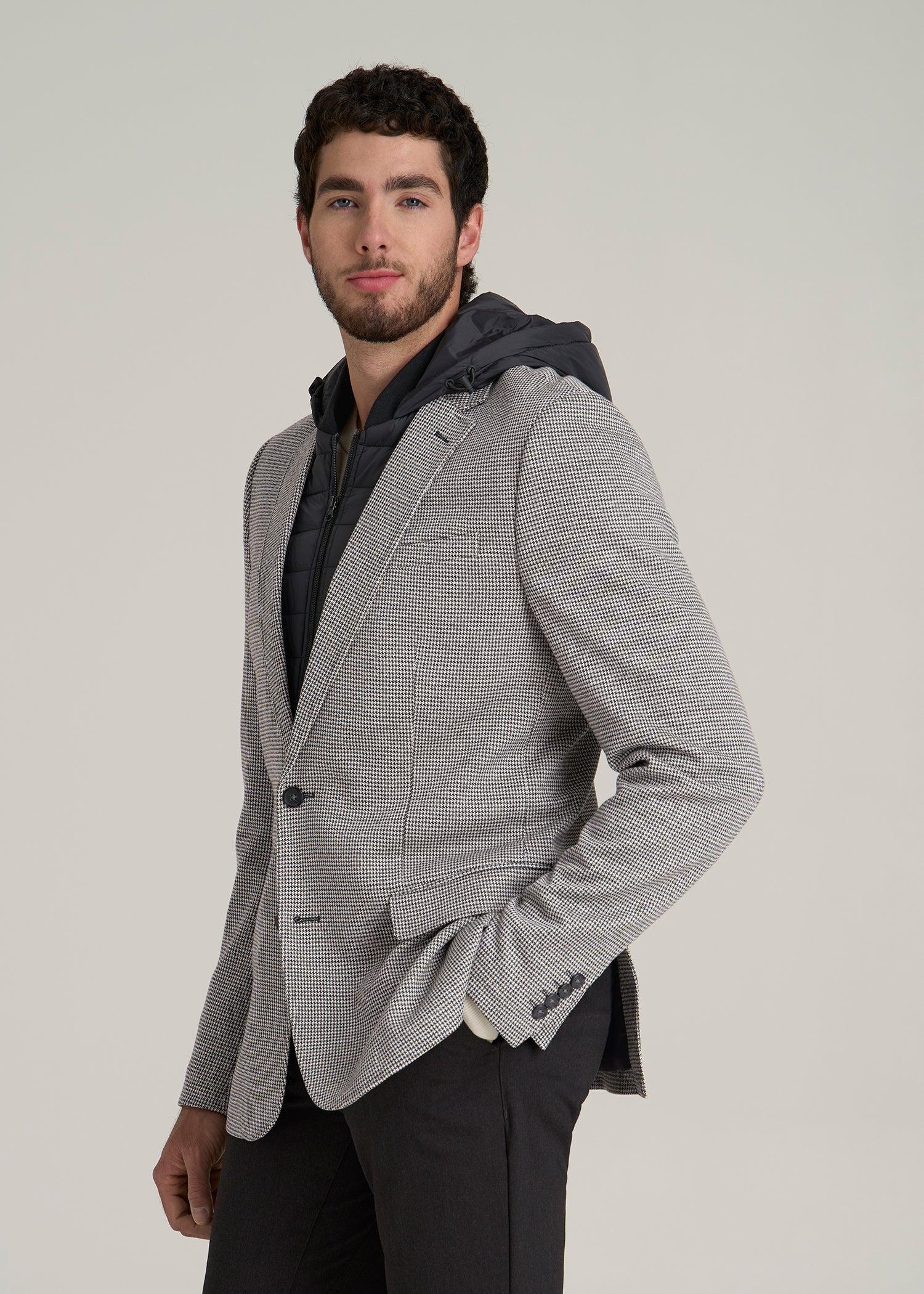 Hooded Bib Blazer for Tall Men in Chocolate and Black Houndstooth Male Product Image
