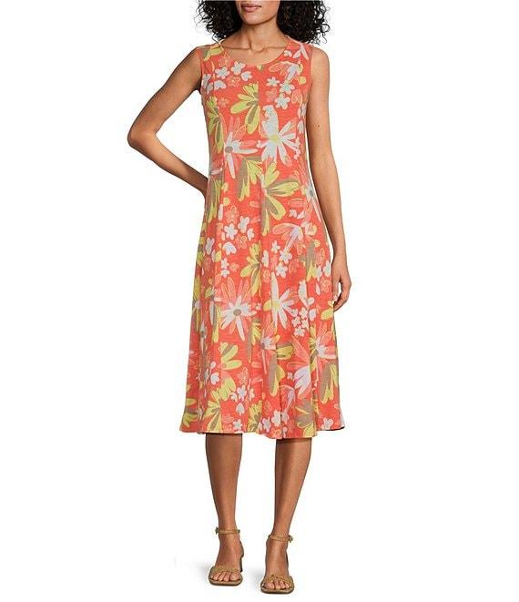 Multiples Melon Floral Print Slub Knit Scoop Neck Sleeveless Fit & Flare Midi Dress Product Image
