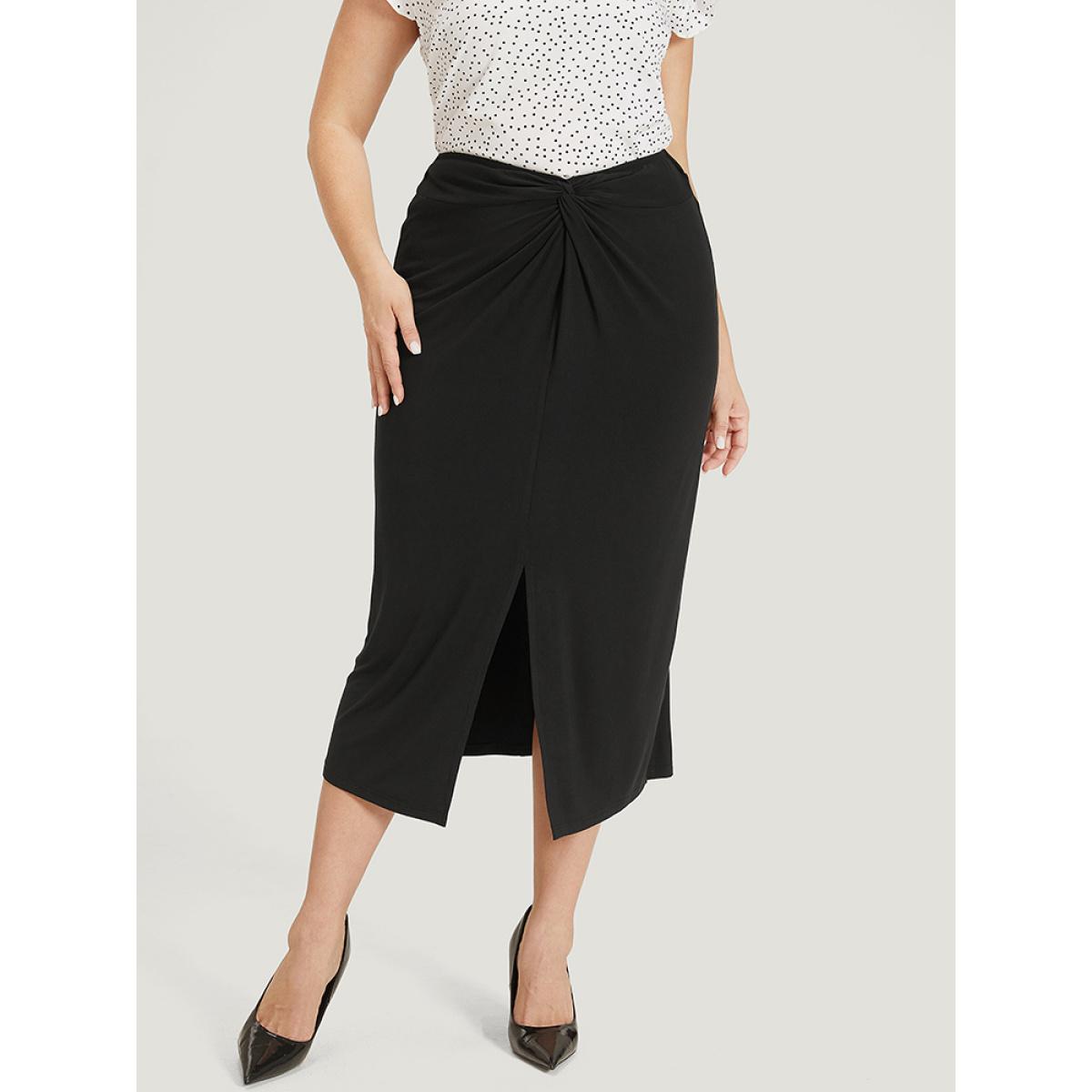 Plus Size Plain Twist Front Split Hem Midi Skirt Women Black Office Plain Low stretch Work Skirts BloomChic 30/6X Product Image