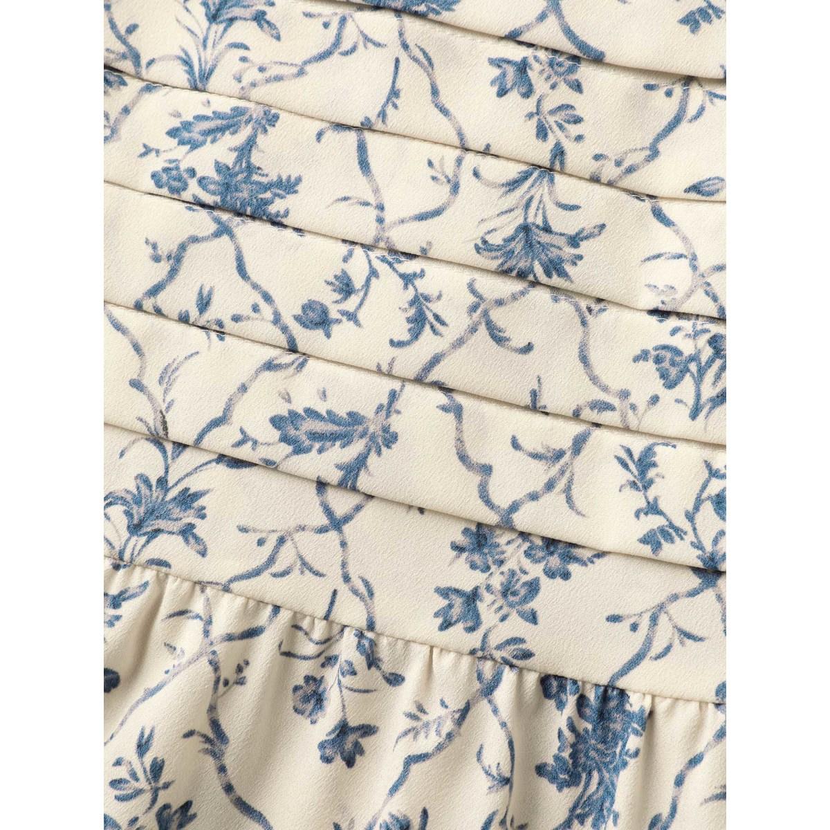 Plus Size Beige Floral Pleated Bodice Puffy Sleeve Blouse Women Romantic Half Sleeve Square Neck Elegant Blouses BloomChic 10/M Product Image