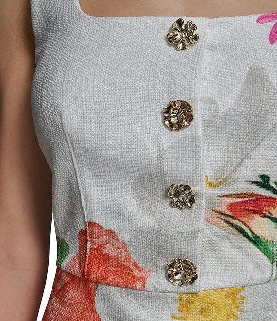 KARL LAGERFELD PARIS Tweed Floral Print Square Neck Sleeveless Sheath Mini Dress Product Image